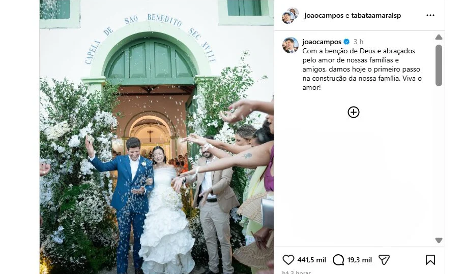 Moraes e Alckmin vão ao casamento de João Campos e Tabata Amaral