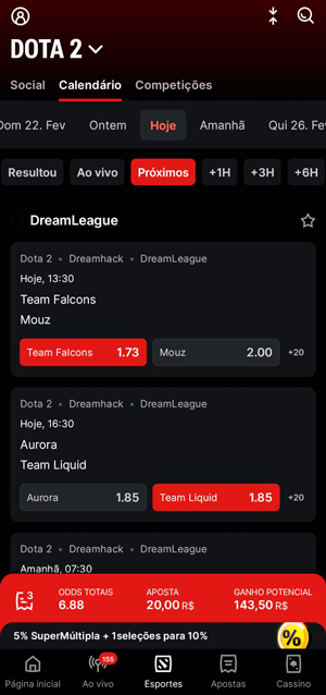 Seção de apostas em Dota 2 na Superbet com múltipla turbinada