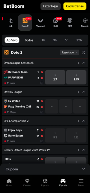 Seção de apostas em Dota 2 na BetBoom que oferece cashback em eSports