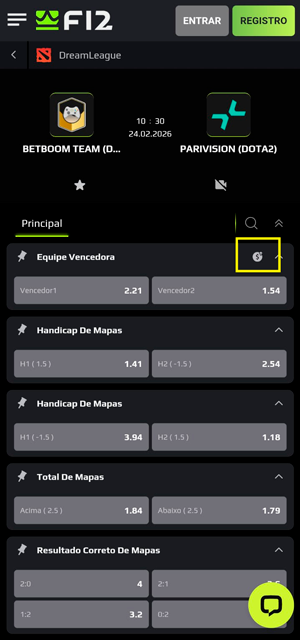 Interface de aposta em uma partida de Dota 2 na F12 bet com cash out ativo