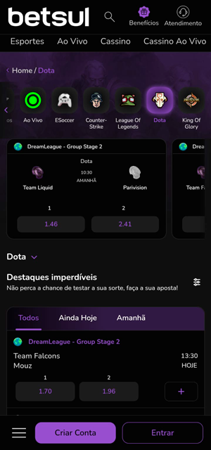 Seção de apostas em Dota 2 na Betsul, que possui oferta para palpites ao vivo
