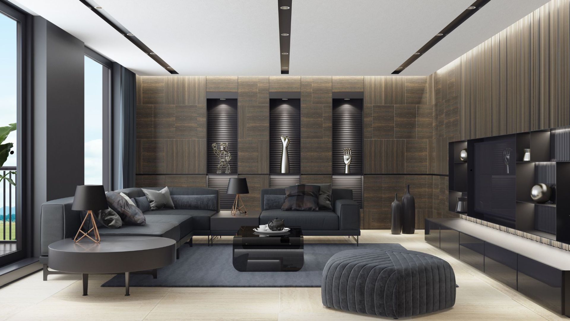 Living contemporâneo com iluminação cênica e marcenaria sofisticada, traços da assinatura de Andria Tagliari no design de alto padrão.