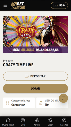 Aba de cassino ao vivo com Crazy Time na BetMGM
