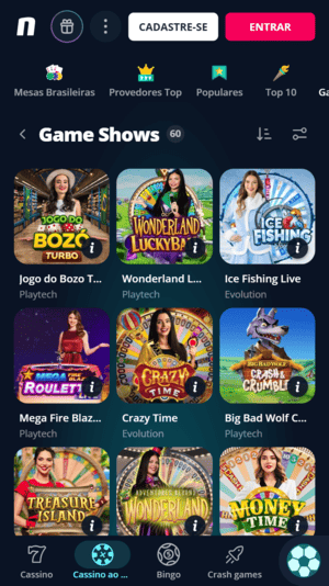 Tela de jogos ao vivo com Crazy Time na Novibet
