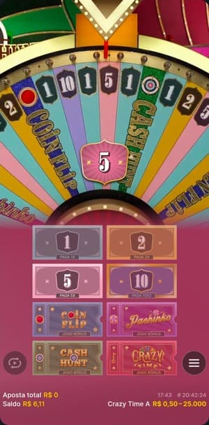 Rodada real transmitida no Crazy Time