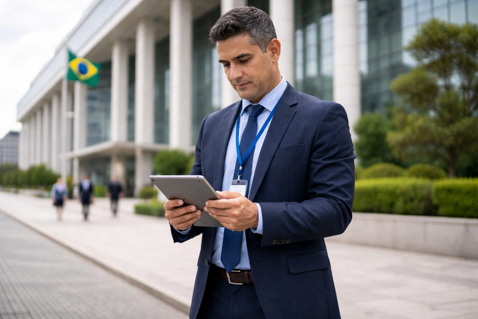 Servidor público utiliza plataforma digital para consultar condições de crédito consignado com transparência e segurança, em ambiente institucional.