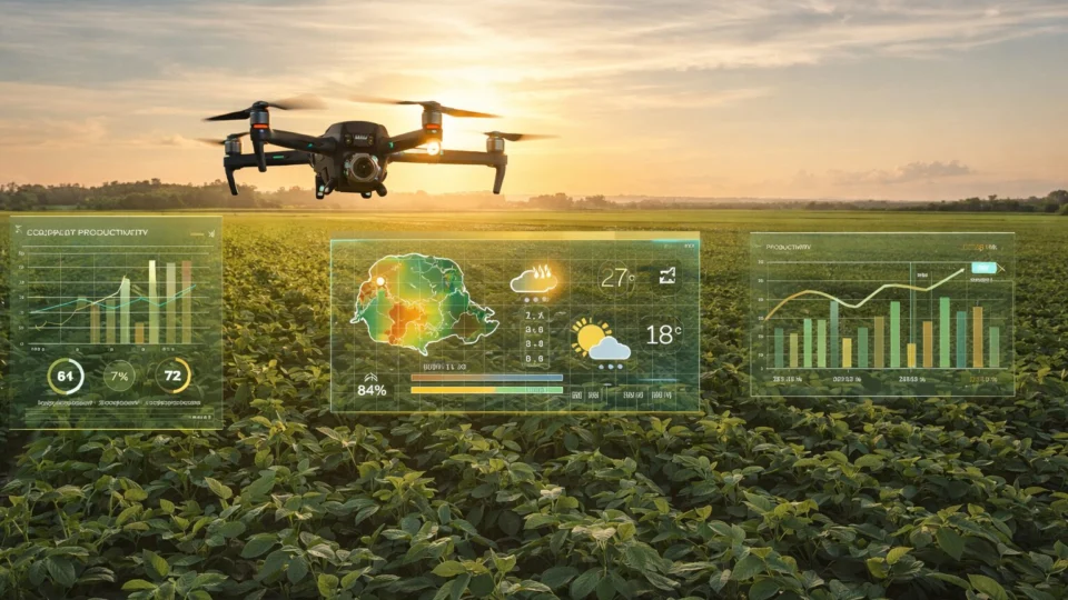 Drone sobrevoa lavoura com painel de dados agrícolas e climáticos em tempo real, ilustrando o uso de inteligência artificial para apoiar decisões técnicas e aumentar a precisão no agronegócio.