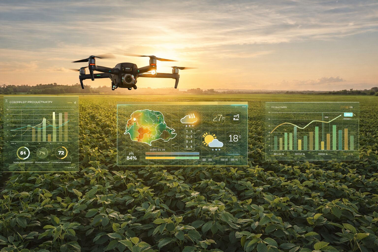 Drone sobrevoa lavoura com painel de dados agrícolas e climáticos em tempo real, ilustrando o uso de inteligência artificial para apoiar decisões técnicas e aumentar a precisão no agronegócio.