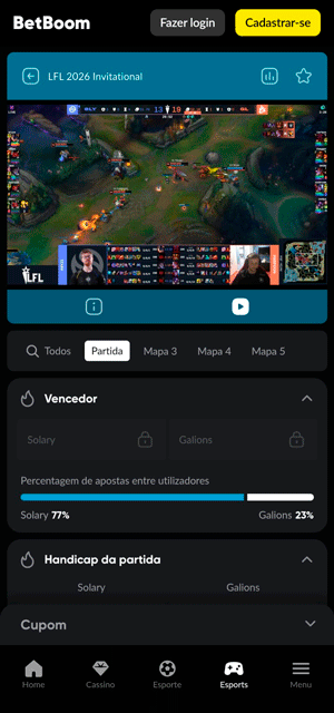 Interface de apostas em League of Legends da BetBoom, com transmissão ao vivo de partida da LFL