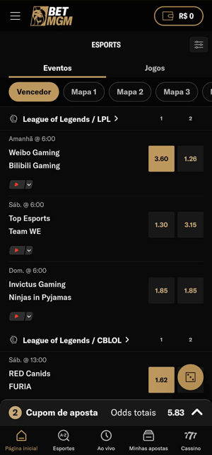 Sessão de apostas em League of Legends da BetMGM, com vários eventos da LPL e CBLOL