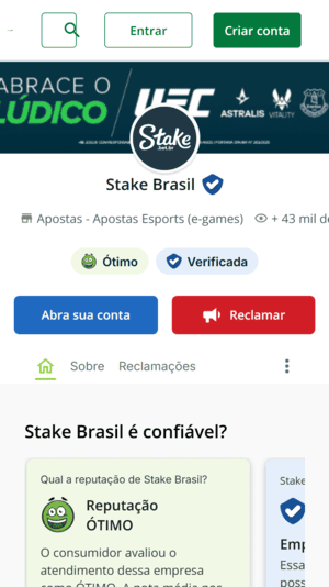 Captura de tela da Stake na plataforma Reclame Aqui mostra reputação Ótimo e selo de empresa verificada.