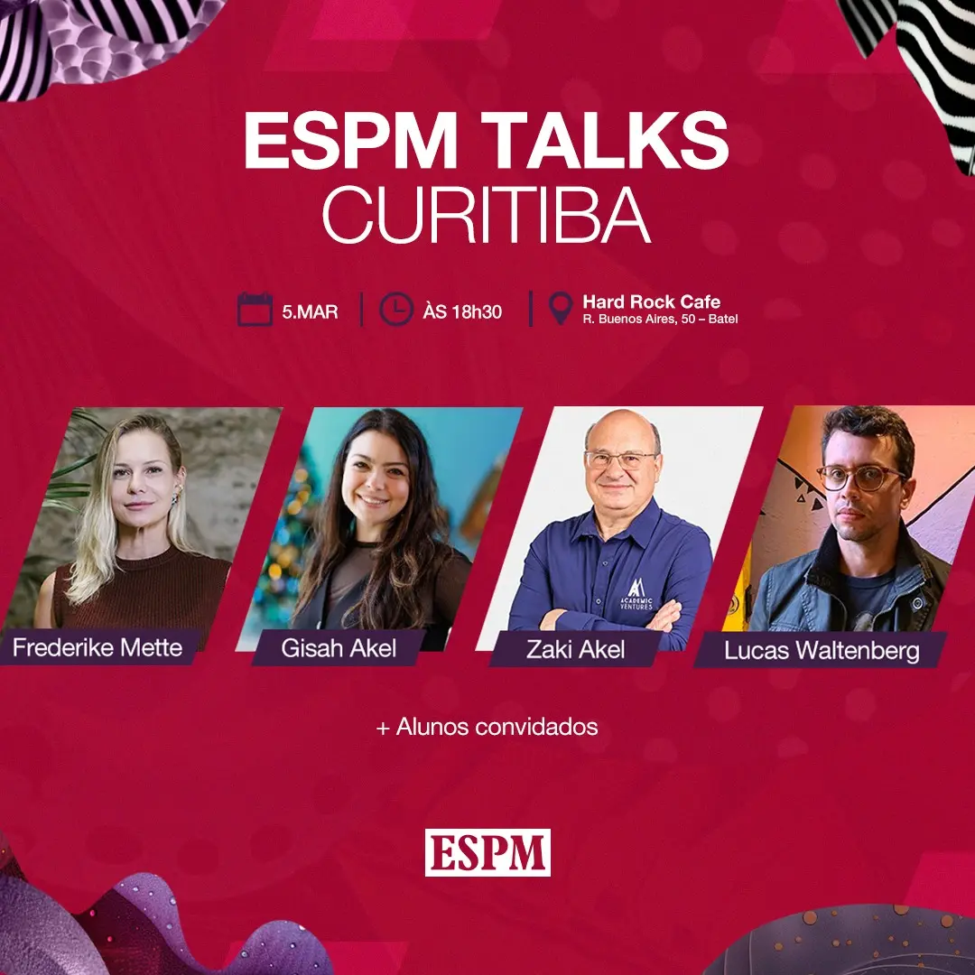 O ESPM Talks reúne lideranças acadêmicas e profissionais do mercado no Hard Rock Cafe Curitiba, marcando a abertura do calendário 2026 da instituição no Paraná e o lançamento do Prime MBA em Comunicação, Branding e Vendas.