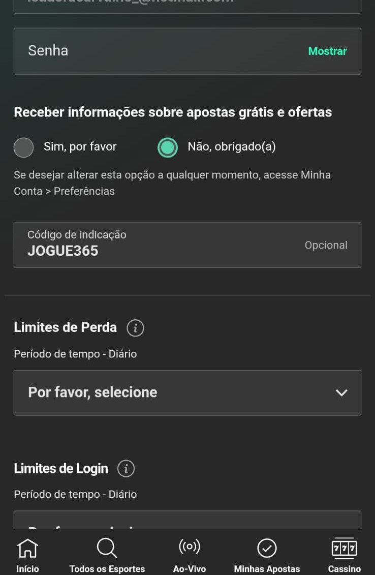 Captura de tela mostra a segunda parte do registro na bet365, com o código preenchido automaticamente
