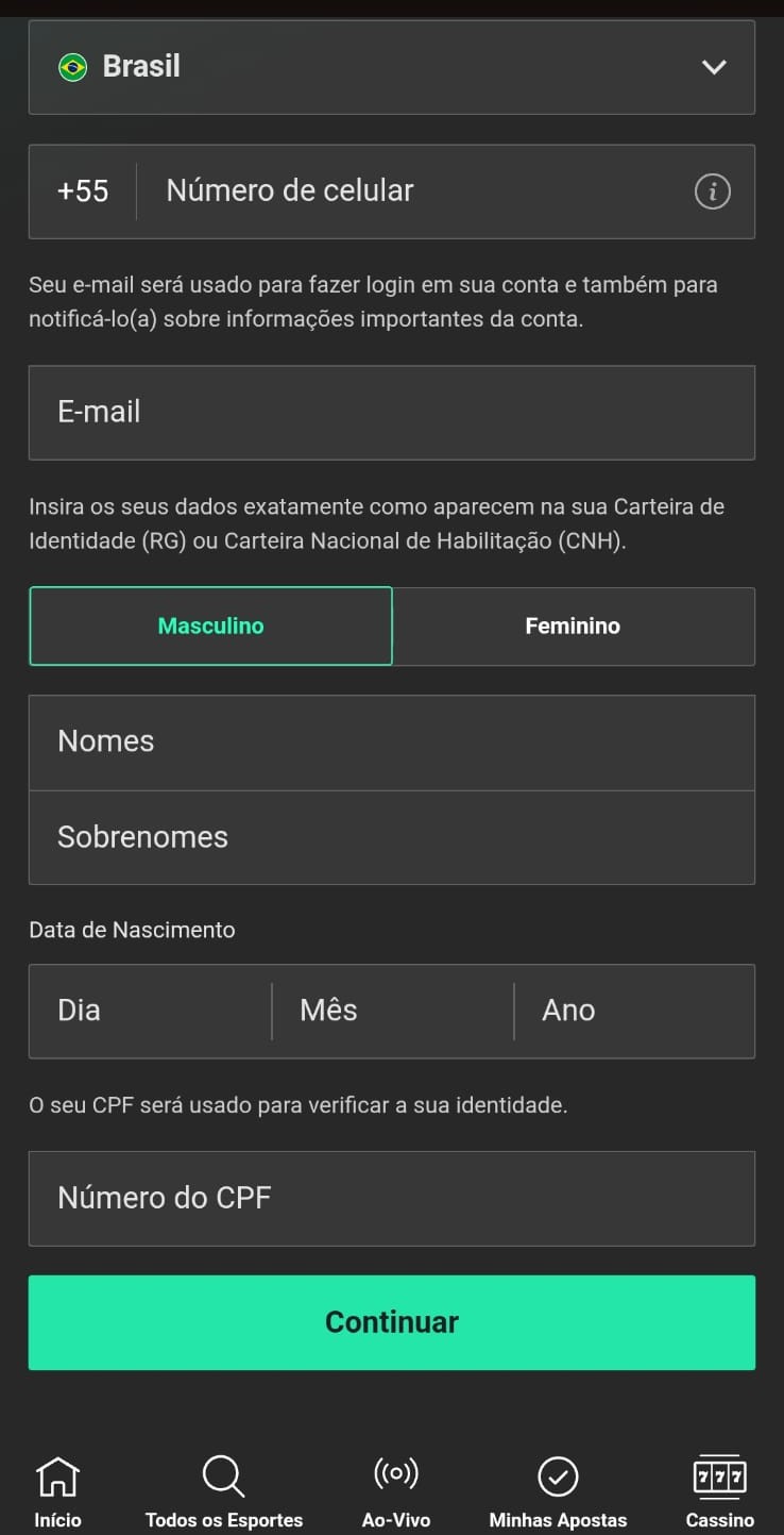Captura de tela mostra a primeira parte do registro da bet365, antes da etapa do campo código preenchido automaticamente