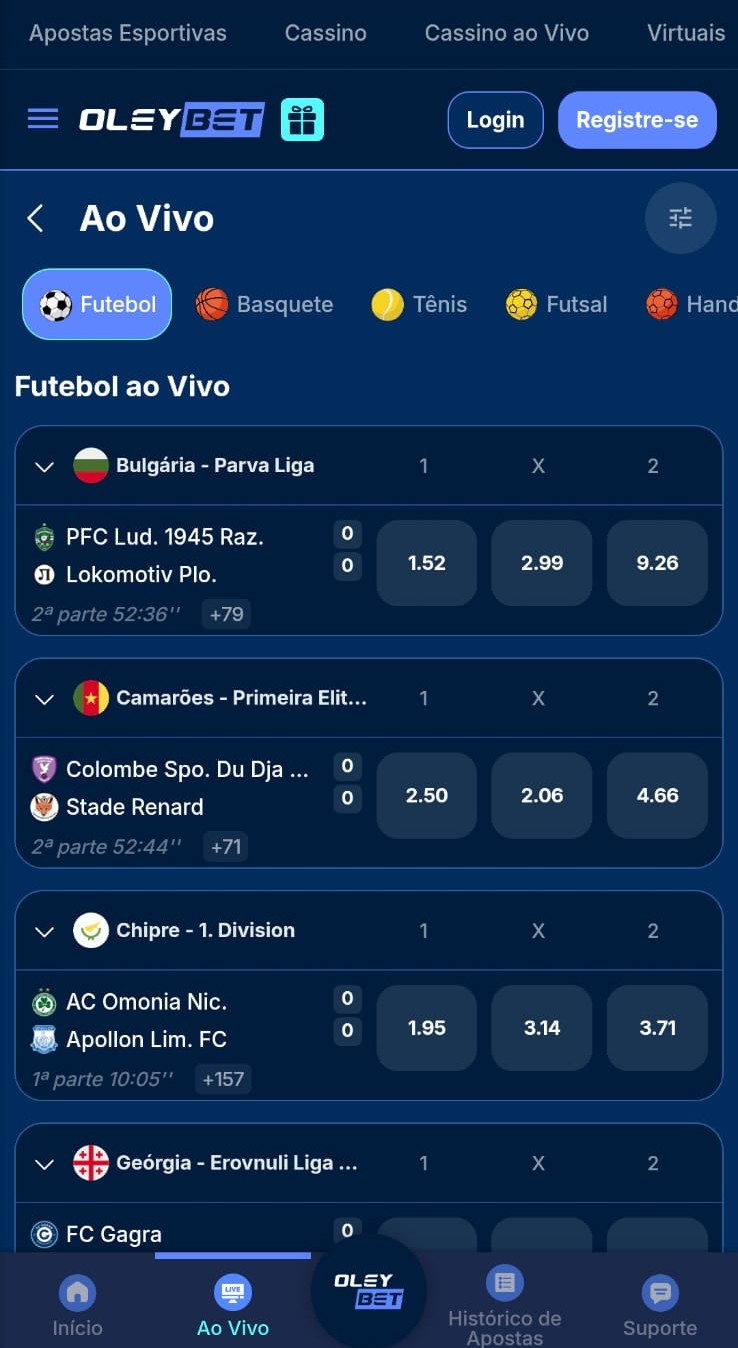 Captura de tela mostra interface esportiva da Oleybet com apostas ao vivo