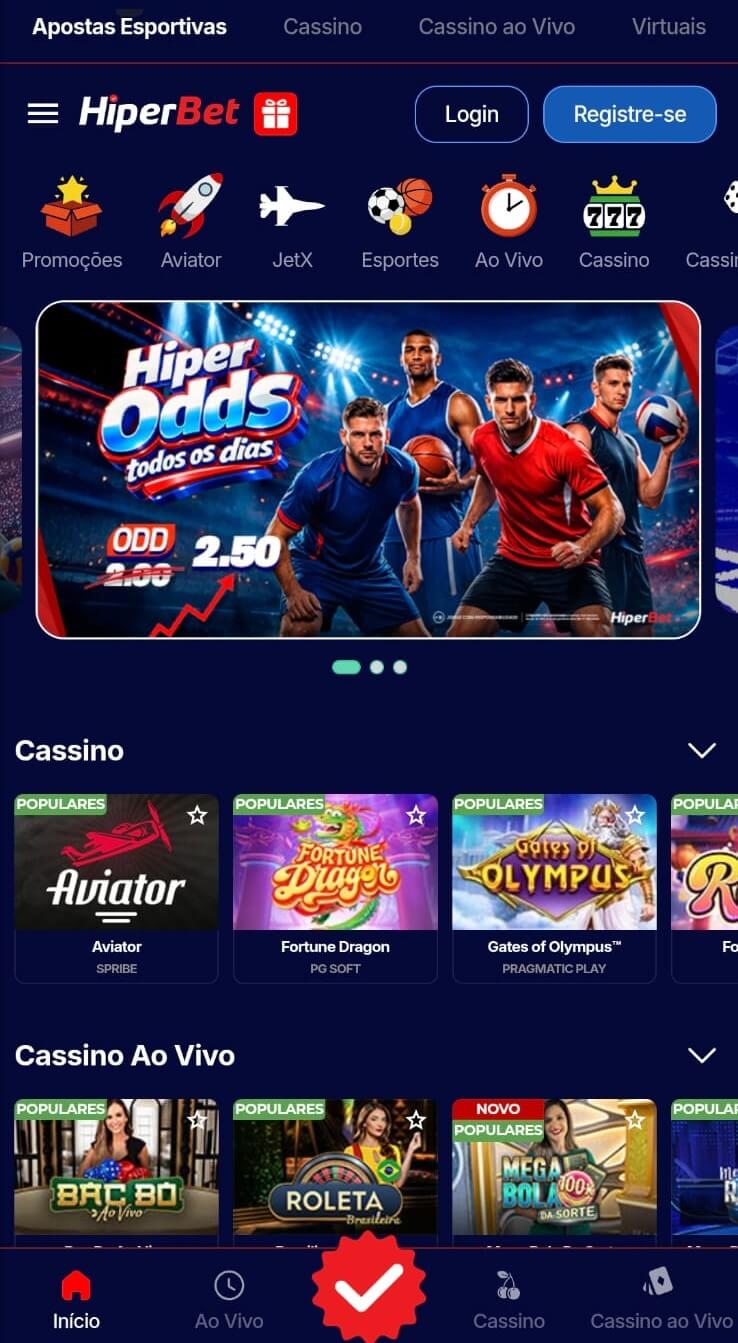 Interface esportiva da Hiperbet mostra promoções como a HiperOdds, disponível todos os dias via canal do Telegram