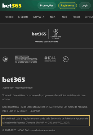Rodapé da plataforma bet365 que exibe a licença de autorização do site