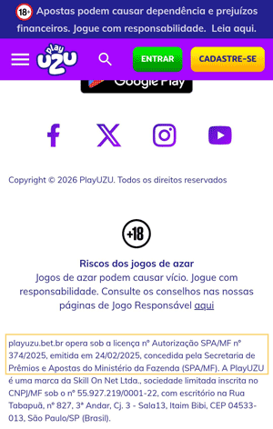 Licença de autorização do site da PlayUZU no rodapé do site