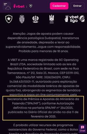 Rodapé do site da Vbet onde exibe a portaria de autorização e licença de funcionamento da plataforma