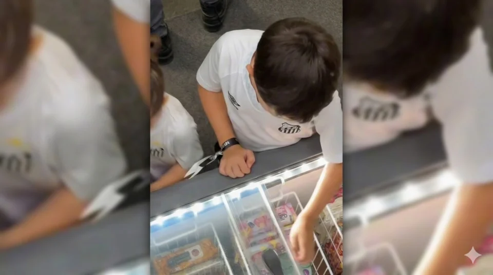 Crianças aproveitam o buffet livre de picolés da Gela Boca no Espaço Kids da Vila Belmiro. A ativação, em parceria com a NR Sports, visa levar mais conforto e sabor para as famílias durante os jogos do Santos FC.