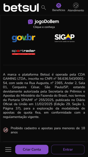 Dados de licença e parcerias que reforçam como a Betsul é confiável