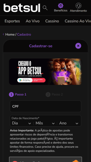 Tela de registro da Betsul
