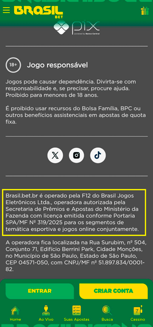 Rodapé do site de apostas da Brasil Bet onde expõe a licença de autorização da SPA/MF