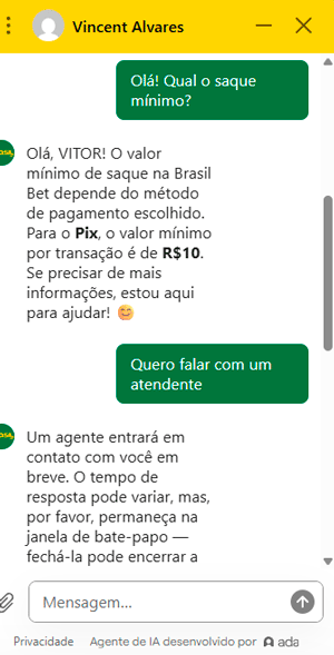Screenshot do chat ao vivo da Brasil Bet respondendo questões do usuário, em português
