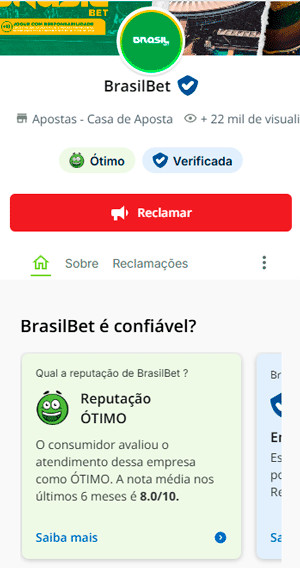 Captura de tela da Brasil Bet no Reclame Aqui mostra nota 8.0 e reputação classificada como “Ótimo”
