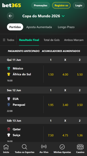 Seção de apostas nas eliminatórias na Copa do Mundo na bet365