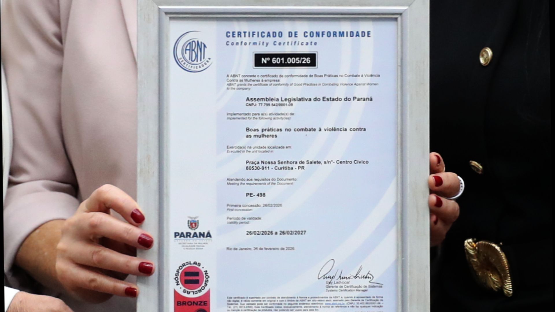 Certificação da ABNT reconhece ações da Assembleia do Paraná no enfrentamento à violência contra as mulheres.