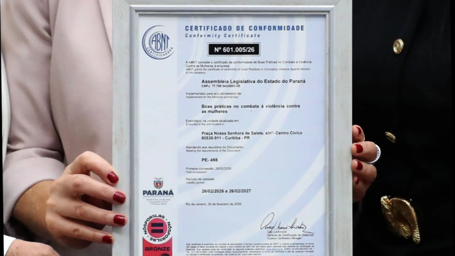 Certificação da ABNT reconhece ações da Assembleia do Paraná no enfrentamento à violência contra as mulheres.