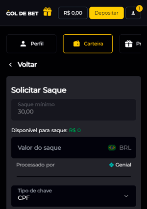 Página da interface de saque via Pix da GoldeBet