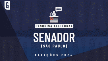 Ilustração feita pela Gazeta do Povo sobre pesquisa eleitoral nas Eleições 2026, com a bandeira de São Paulo e palavra senador