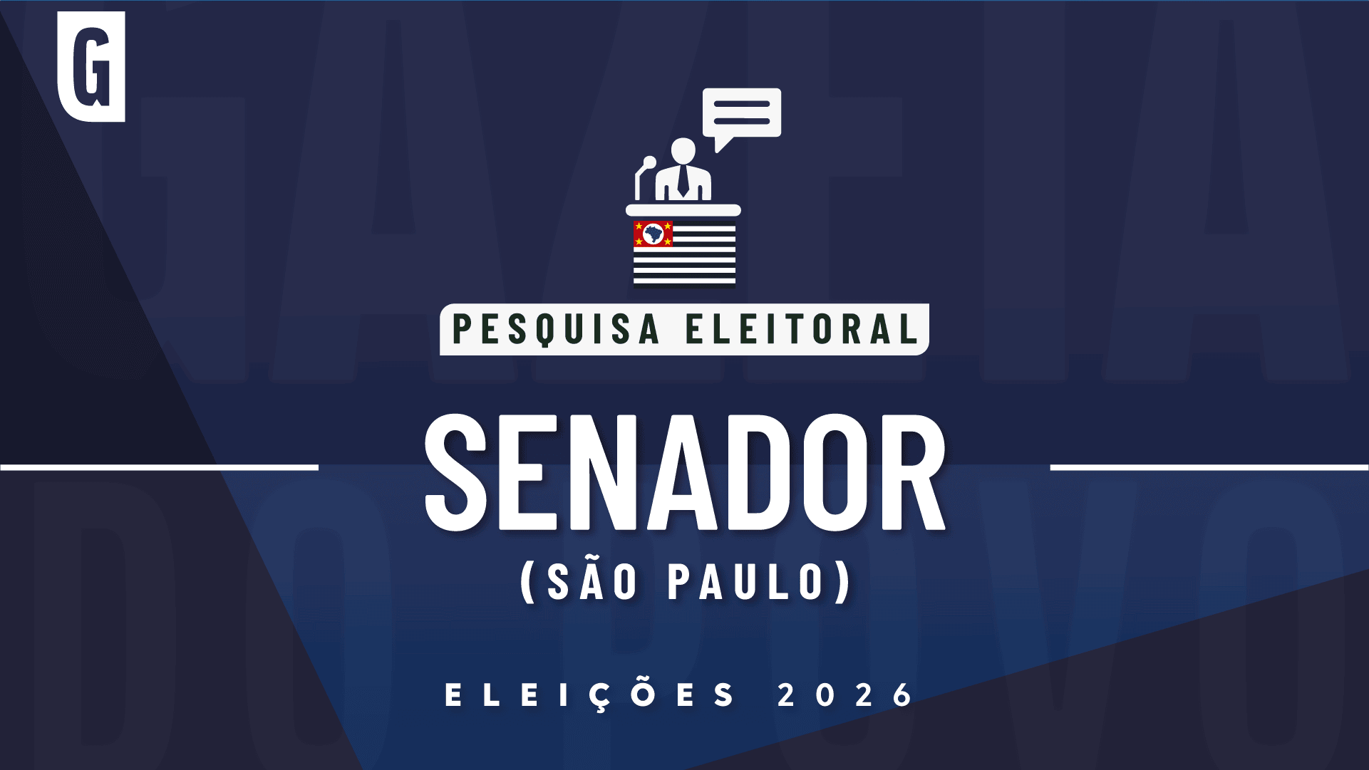 Ilustração feita pela Gazeta do Povo sobre pesquisa eleitoral nas Eleições 2026, com a bandeira de São Paulo e palavra senador