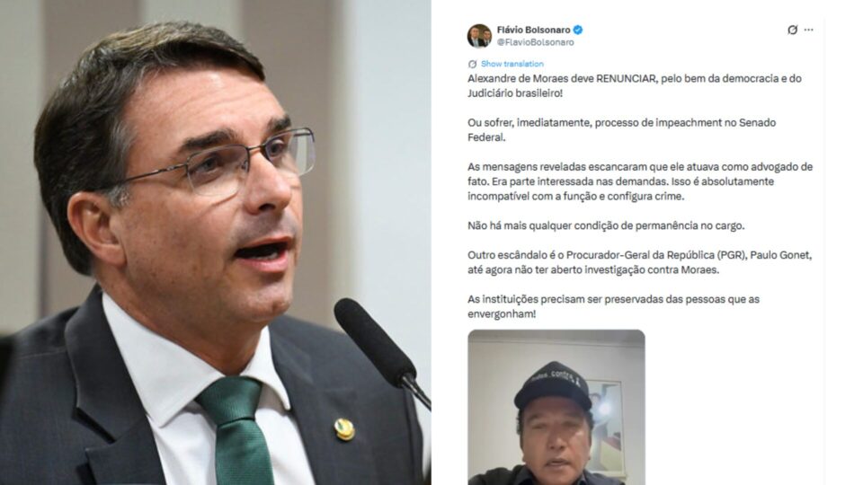 Flávio Bolsonaro pede impeachment de Moraes após mensagens de Vorcaro