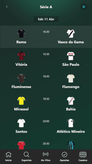Lista de jogos mostrados através do atalho na bet365