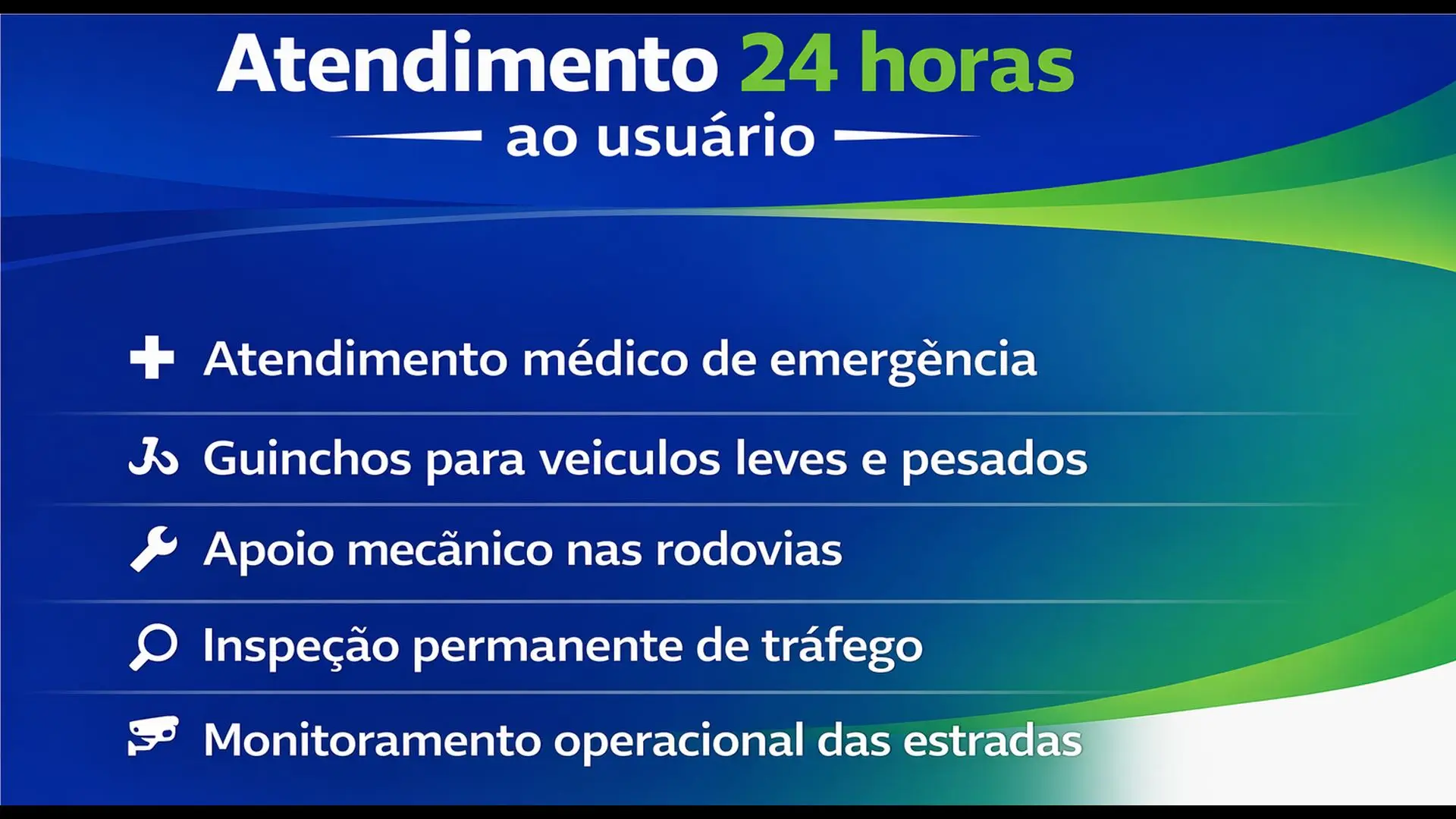 Arte mostra os serviços de atendimento 24 horas oferecidos pela EPR Paraná, incluindo suporte médico, guincho, apoio mecânico e monitoramento das rodovias para garantir segurança aos usuários.