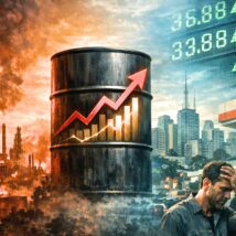 Composição visual que ilustra a guerra no Irã e o impacto da alta do preço do petróleo na economia e inflação do Brasil.