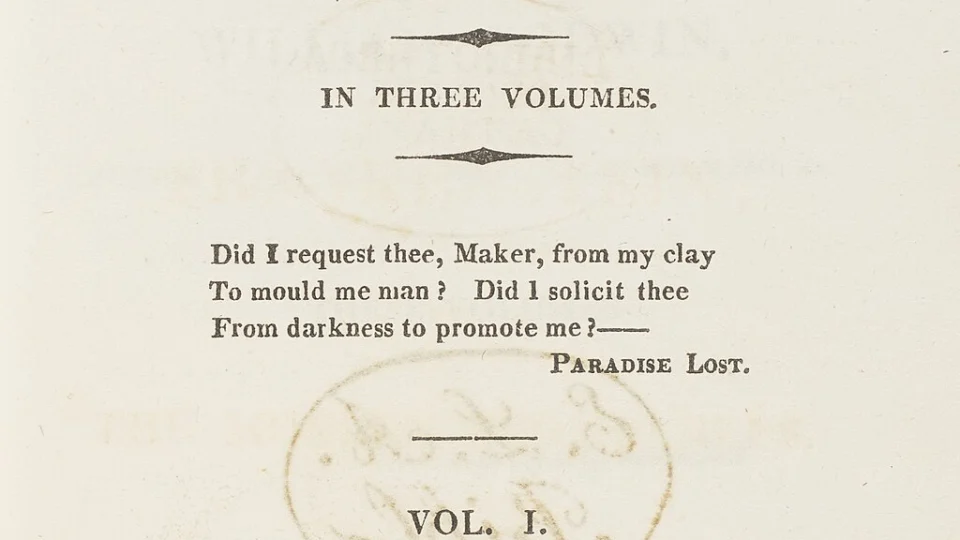 Digitalização de um exemplar raro da primeira edição de Frankenstein; or, The Modern Prometheus (1818), de Mary Shelley.
