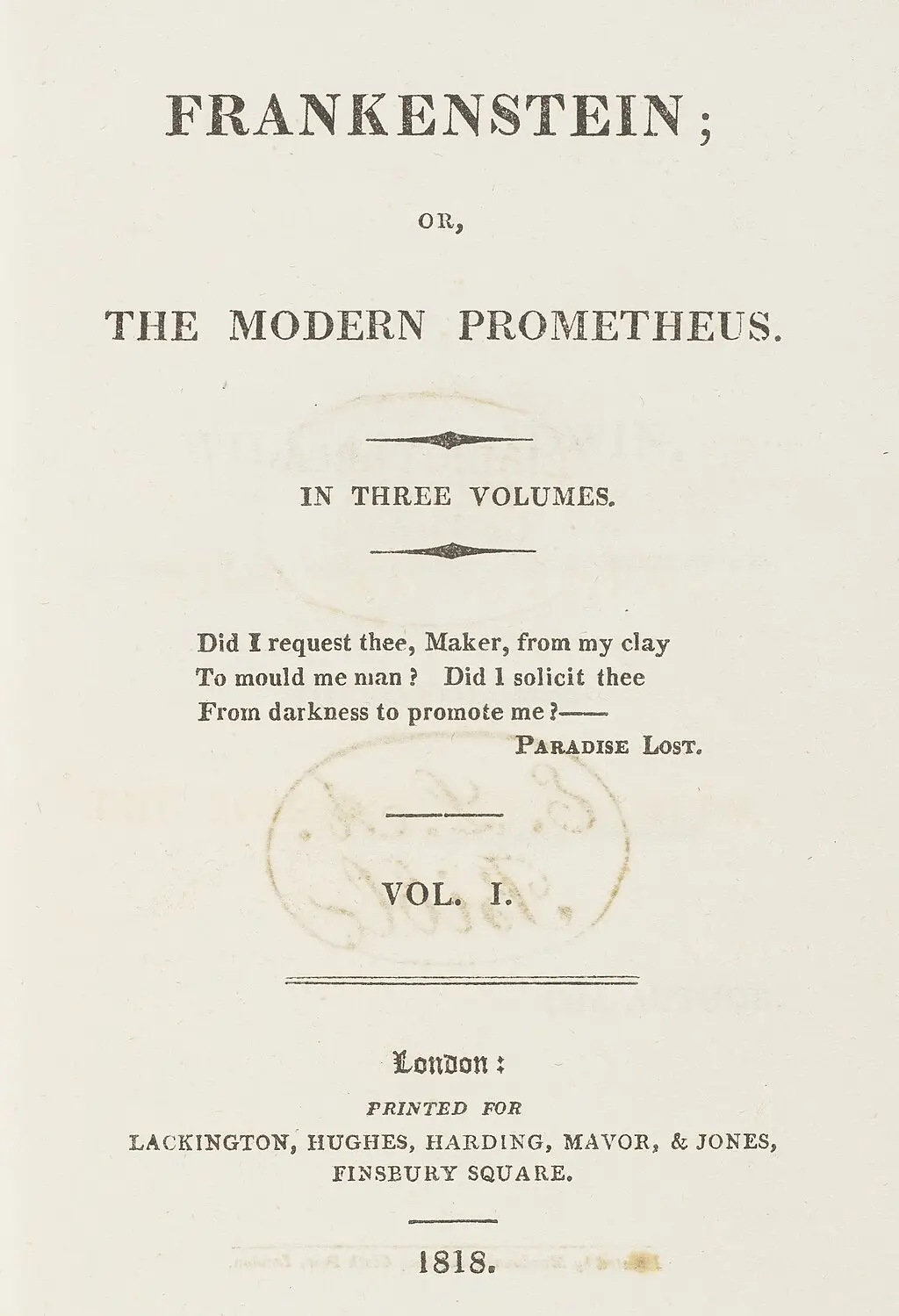 Digitalização de um exemplar raro da primeira edição de Frankenstein; or, The Modern Prometheus (1818), de Mary Shelley.