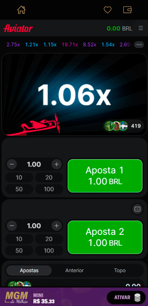 Interface do crash game Aviator com uma rodada acontecendo