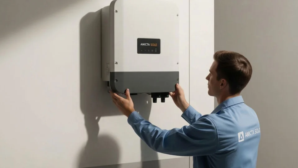 Instalação estratégica: Especialista da Amicta Sole realiza o ajuste de inversor fotovoltaico. Sistemas bem dimensionados podem reduzir custos fixos em até 90%, transformando a conta de luz em um investimento de longo prazo para famílias e empresas brasileiras.