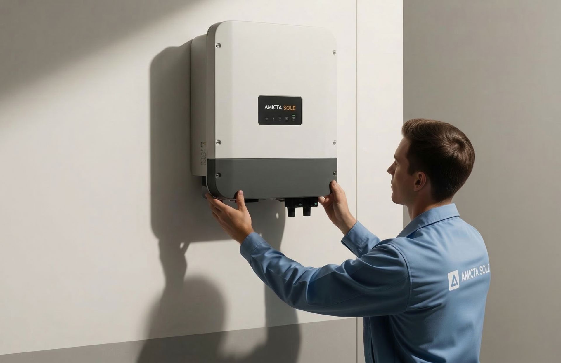 Instalação estratégica: Especialista da Amicta Sole realiza o ajuste de inversor fotovoltaico. Sistemas bem dimensionados podem reduzir custos fixos em até 90%, transformando a conta de luz em um investimento de longo prazo para famílias e empresas brasileiras.