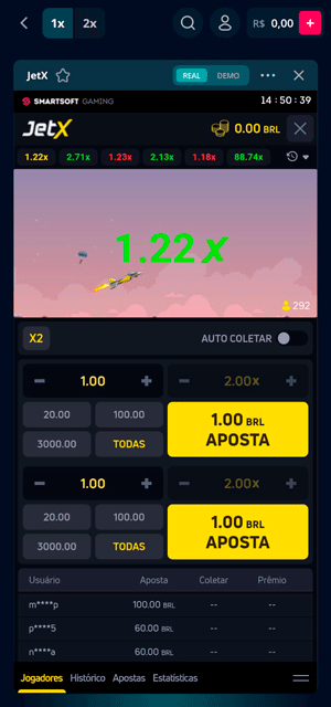 Interface do crash game JetX com rodada acontecendo
