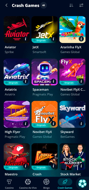Categoria de crash games da Novibet que exibe 40 jogos no momento