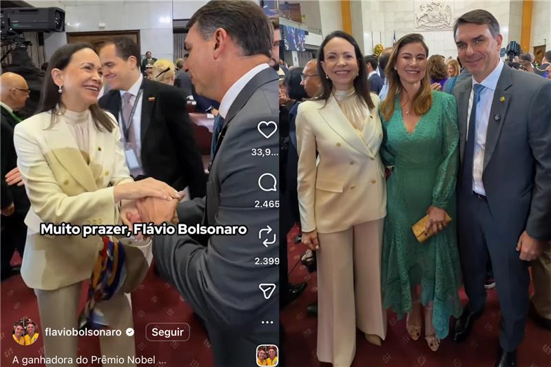 Flávio Bolsonaro sela aliança com Maria Corína Machado no Chile