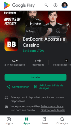 Página do app da Betboom na Play Store