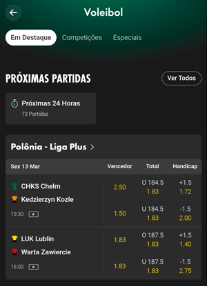 Captura de tela da seção de apostas de vôlei na bet365, com destaque para as próximas partidas
