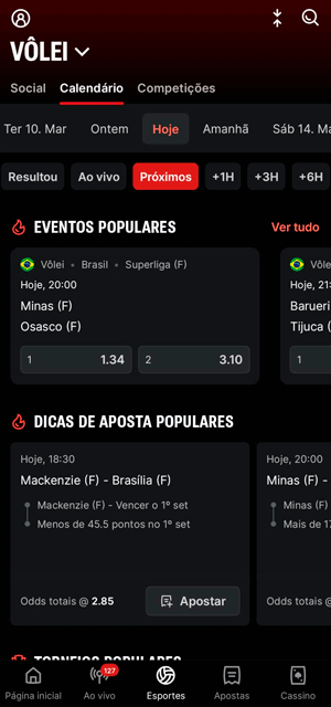 Captura de tela da seção de apostas de vôlei na Superbet, destacando eventos e dicas populares
